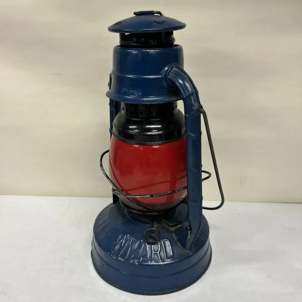 Vintage Dietz Blue Little Wizard R.R. Oil Lantern. NY RED Glass Globe